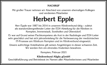 Traueranzeige von Herbert Epple von Allgäuer Zeitung