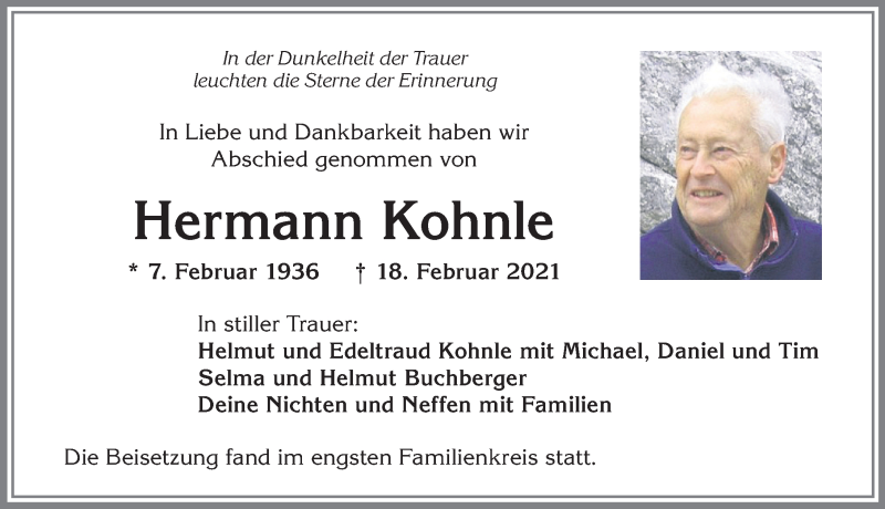  Traueranzeige für Hermann Kohnle vom 27.02.2021 aus Allgäuer Zeitung