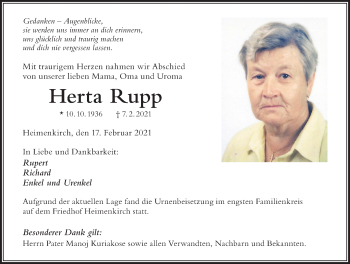Traueranzeige von Herta Rupp von Der Westallgäuer