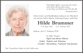 Traueranzeige von Hilde Brummer von Der Westallgäuer