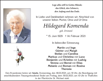 Traueranzeige von Hildegard Komenda von Allgäuer Zeitung, Marktoberdorf