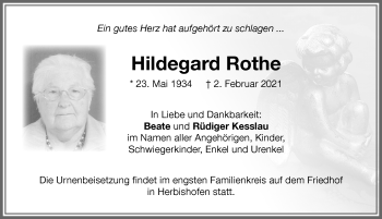 Traueranzeige von Hildegard Rothe von Memminger Zeitung