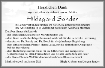 Traueranzeige von Hildegard Sander von Allgäuer Zeitung, Marktoberdorf