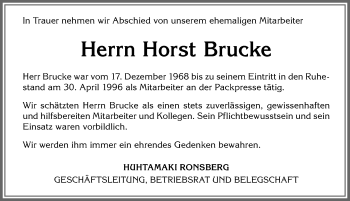 Traueranzeige von Horst Brucke von Allgäuer Zeitung, Marktoberdorf