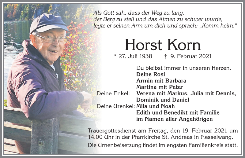  Traueranzeige für Horst Korn vom 16.02.2021 aus Allgäuer Zeitung, Füssen