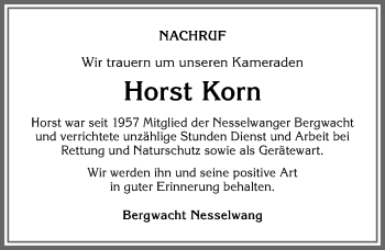 Traueranzeige von Horst Korn von Allgäuer Zeitung, Füssen