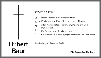 Traueranzeige von Hubert Baur von Allgäuer Anzeigeblatt