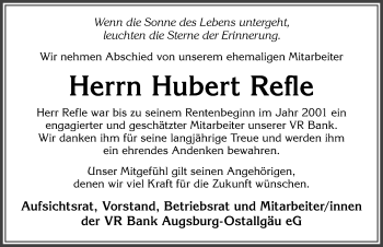 Traueranzeige von Hubert Refle von Allgäuer Zeitung, Kaufbeuren/Buchloe