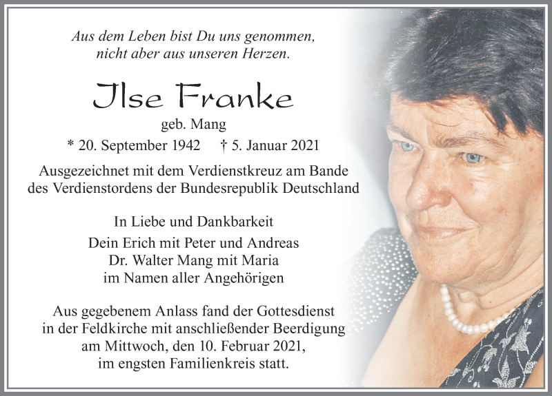  Traueranzeige für Ilse Franke vom 13.02.2021 aus Allgäuer Zeitung, Füssen