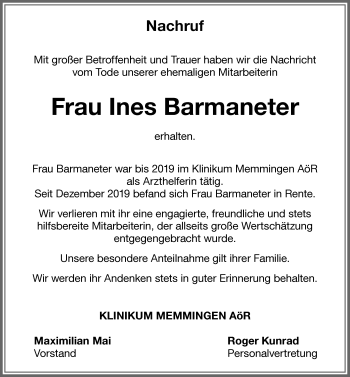 Traueranzeige von Ines Barmaneter von Memminger Zeitung