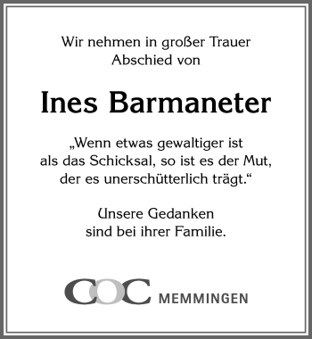 Traueranzeige von Ines Barmaneter von Memminger Zeitung