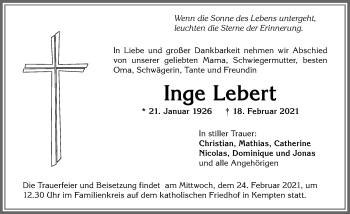 Traueranzeige von Inge Lebert von Allgäuer Zeitung,Kempten
