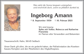 Traueranzeige von Ingeborg Amann von Allgäuer Zeitung,Kempten