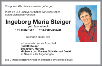 Traueranzeige von Ingeborg Maria Steiger von Memminger Zeitung
