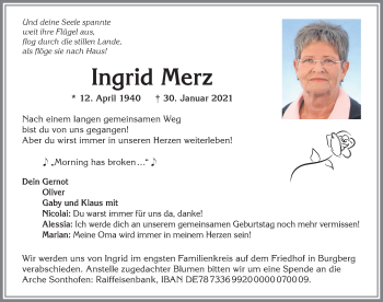 Traueranzeige von Ingrid Merz von Allgäuer Anzeigeblatt