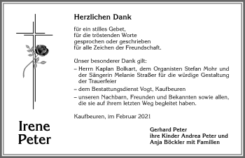 Traueranzeige von Irene Peter von Allgäuer Zeitung, Kaufbeuren/Buchloe