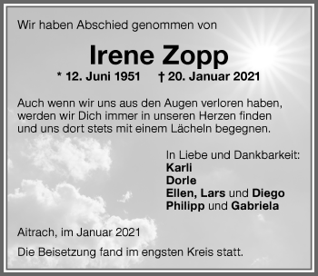 Traueranzeige von Irene Zopp von Memminger Zeitung