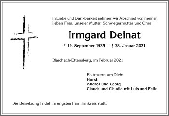Traueranzeige von Irmgard Deinat von Allgäuer Anzeigeblatt