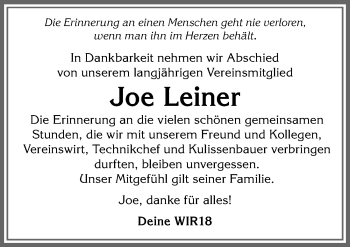 Traueranzeige von Joe Leiner von Allgäuer Anzeigeblatt