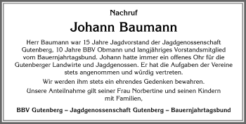 Traueranzeige von Johann Baumann von Allgäuer Zeitung, Kaufbeuren/Buchloe
