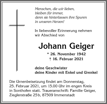 Traueranzeige von Johann Geiger von Allgäuer Anzeigeblatt