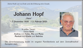 Traueranzeige von Johann Hopf von Allgäuer Zeitung,Kempten