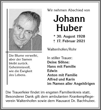 Traueranzeige von Johann Huber von Allgäuer Zeitung,Kempten