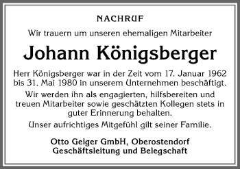 Traueranzeige von Johann Königsberger von Allgäuer Zeitung, Kaufbeuren/Buchloe