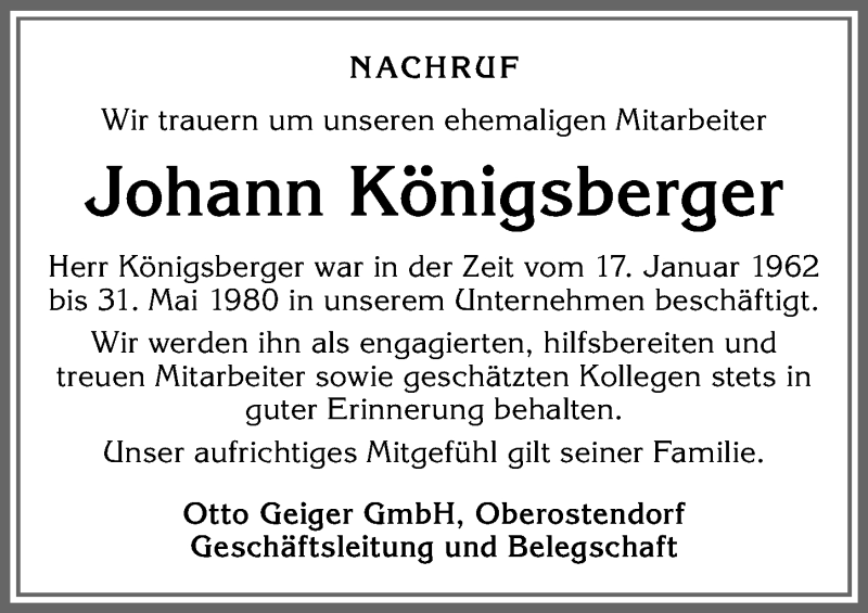  Traueranzeige für Johann Königsberger vom 13.02.2021 aus Allgäuer Zeitung, Kaufbeuren/Buchloe