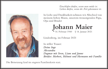 Traueranzeige von Johann Maier von Der Westallgäuer