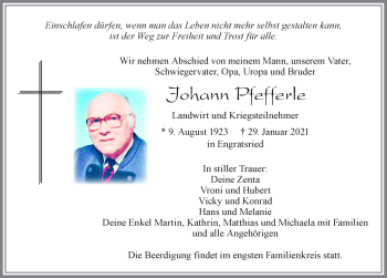 Traueranzeige von Johann Pfefferle von Allgäuer Zeitung, Marktoberdorf