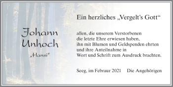 Traueranzeige von Johann Unhoch von Allgäuer Zeitung, Füssen