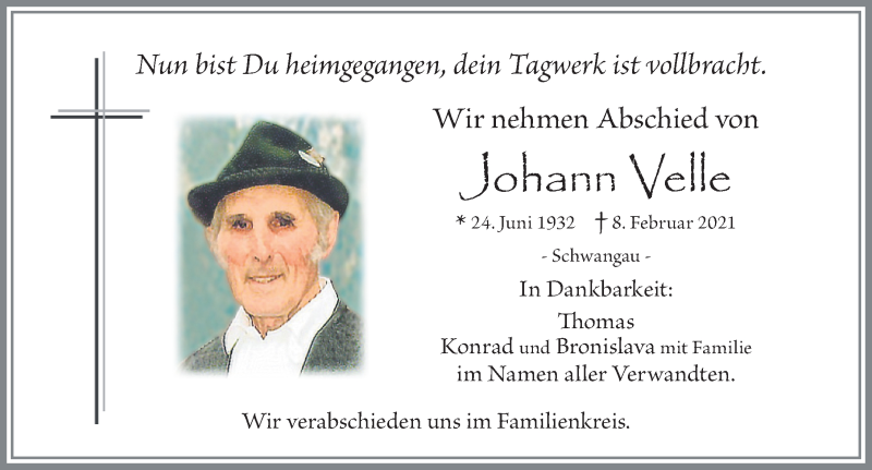  Traueranzeige für Johann Velle vom 13.02.2021 aus Allgäuer Zeitung, Füssen