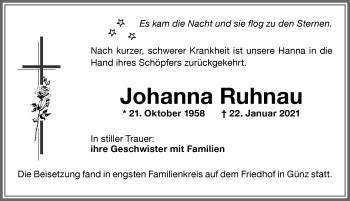 Traueranzeige von Johanna Ruhnau von Memminger Zeitung