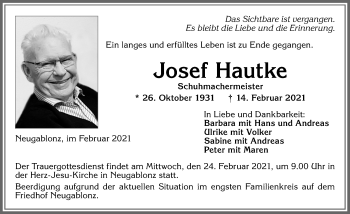 Traueranzeige von Josef Hautke von Allgäuer Zeitung, Kaufbeuren/Buchloe