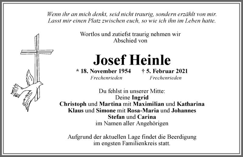 Traueranzeige für Josef Heinle vom 09.02.2021 aus Memminger Zeitung