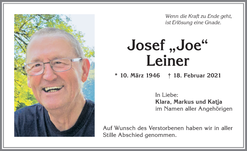  Traueranzeige für Josef Leiner vom 25.02.2021 aus Allgäuer Anzeigeblatt