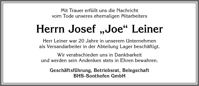  Traueranzeige für Josef Leiner vom 27.02.2021 aus Allgäuer Anzeigeblatt
