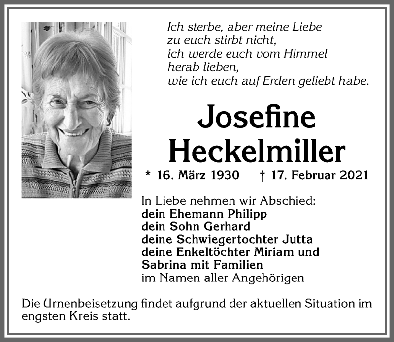  Traueranzeige für Josefine Heckelmiller vom 20.02.2021 aus Allgäuer Zeitung,Kempten