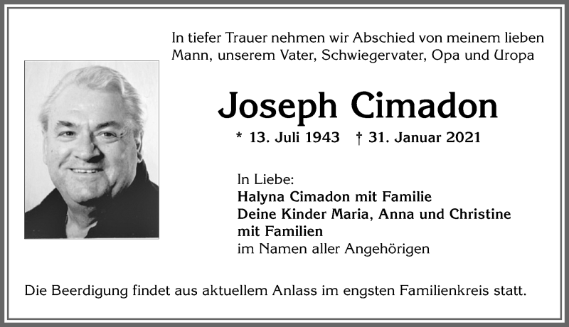  Traueranzeige für Joseph Cimadon vom 03.02.2021 aus Allgäuer Zeitung, Kaufbeuren/Buchloe