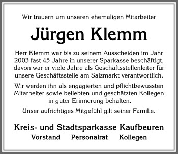 Traueranzeige von Jürgen Klemm von Allgäuer Zeitung, Kaufbeuren/Buchloe