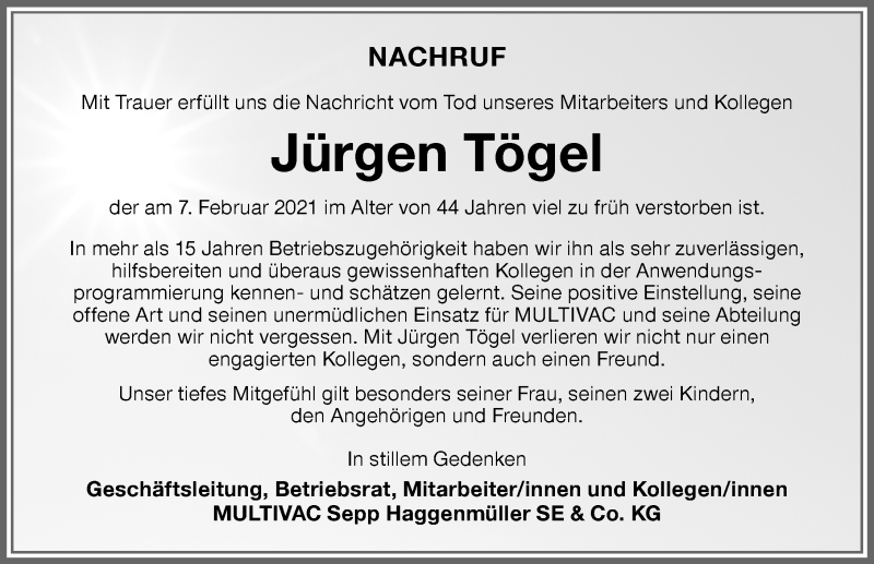  Traueranzeige für Jürgen Tögel vom 16.02.2021 aus Allgäuer Zeitung
