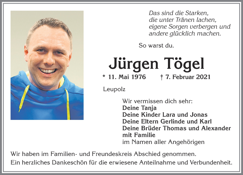  Traueranzeige für Jürgen Tögel vom 13.02.2021 aus Allgäuer Zeitung,Kempten