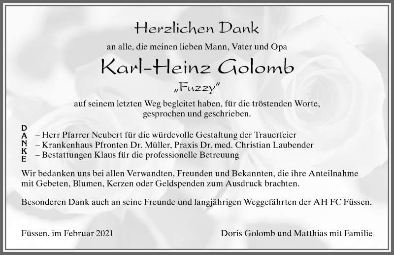  Traueranzeige für Karl-Heinz Golomb vom 23.02.2021 aus Allgäuer Zeitung, Füssen