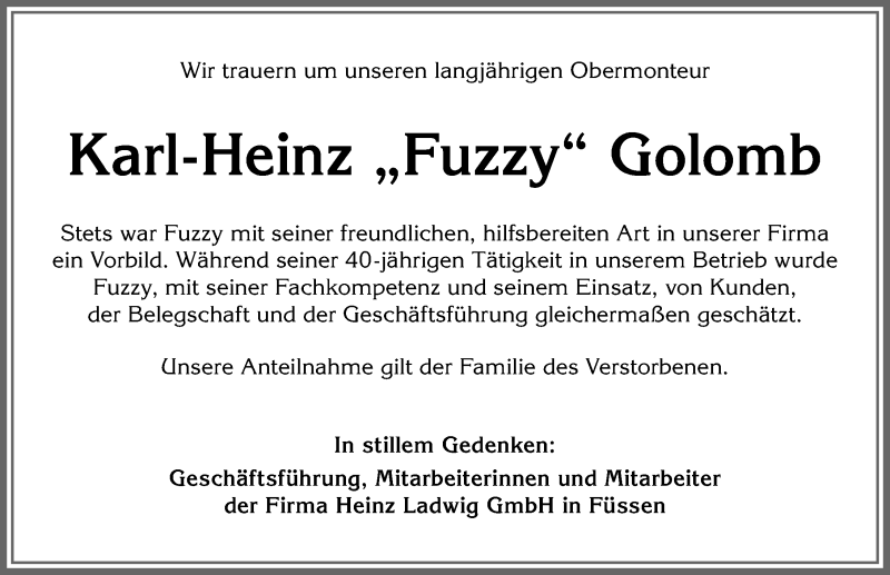  Traueranzeige für Karl-Heinz Golomb vom 18.02.2021 aus Allgäuer Zeitung, Füssen