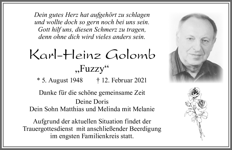  Traueranzeige für Karl-Heinz Golomb vom 16.02.2021 aus Allgäuer Zeitung, Füssen