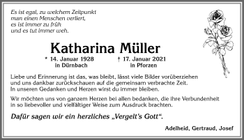 Traueranzeige von Katharina Müller von Allgäuer Zeitung, Kaufbeuren/Buchloe
