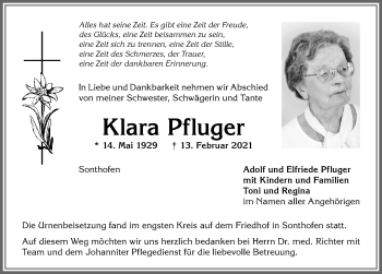 Traueranzeige von Klara Pfluger von Allgäuer Anzeigeblatt