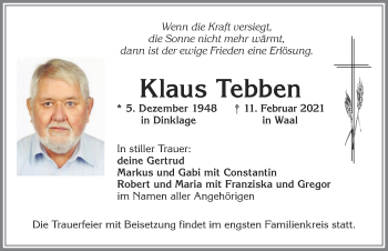 Traueranzeige von Klaus Tebben von Allgäuer Zeitung, Kaufbeuren/Buchloe