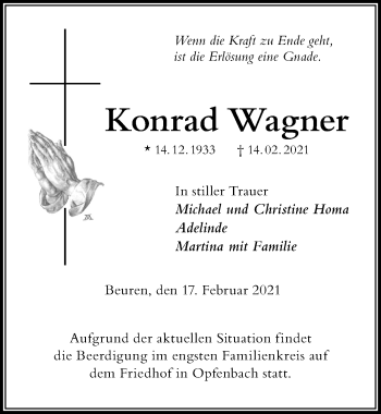 Traueranzeige von Konrad Wagner von Der Westallgäuer